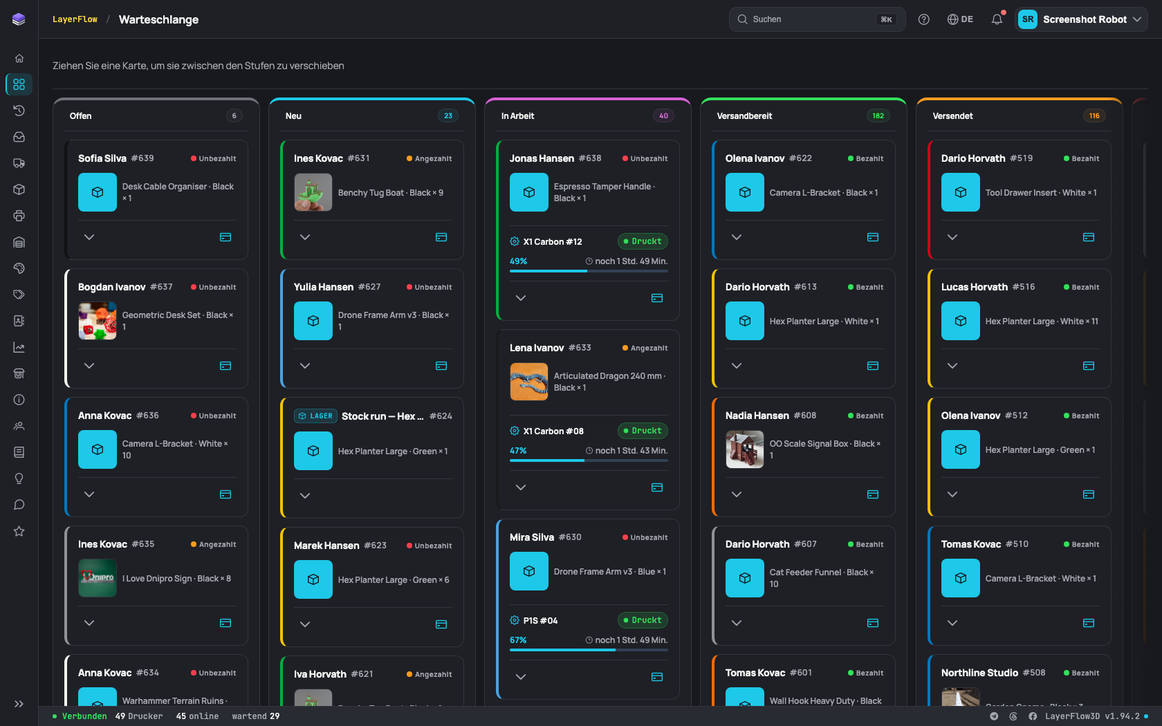 Kanban-Board der Aufträge in LayerFlow3D mit dem Druckstatus in Echtzeit