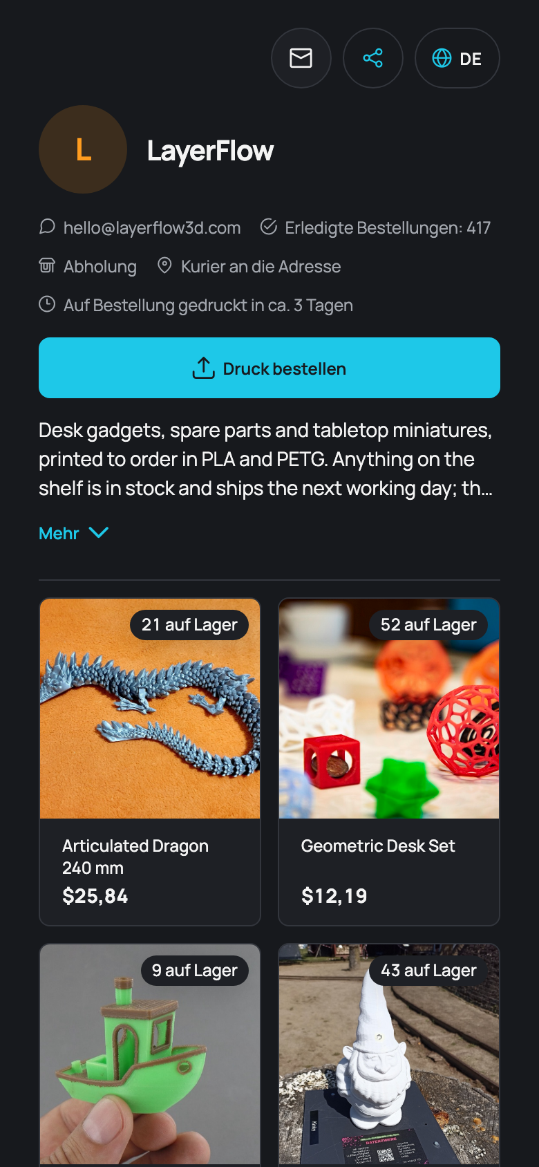 Ein LayerFlow3D-Shop auf einem Handy: das Shop-Logo und ein Raster gedruckter Modelle mit Preisen und Bestand