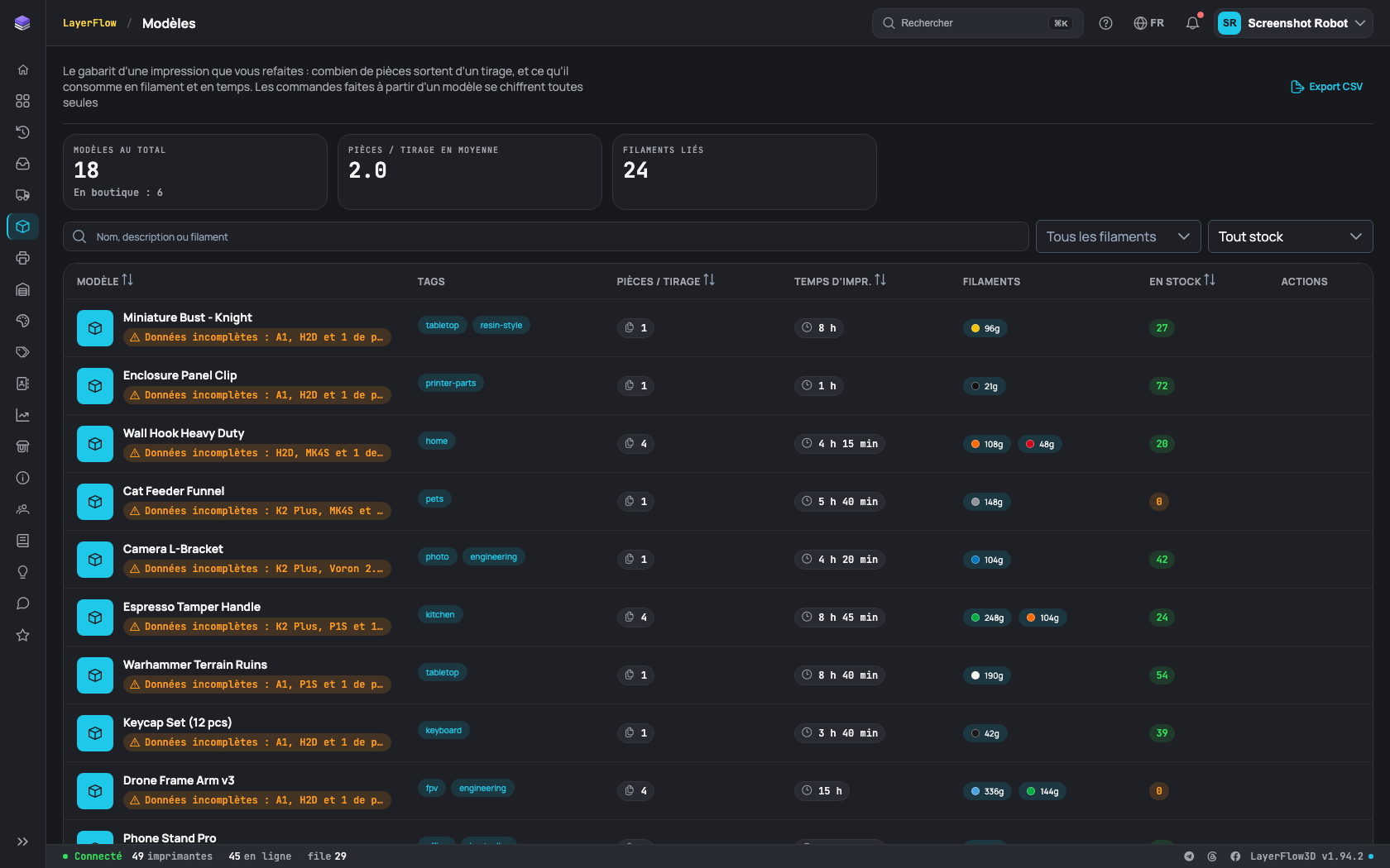 La page des modèles d’impression, avec les commandes citées dans ces étapes numérotées