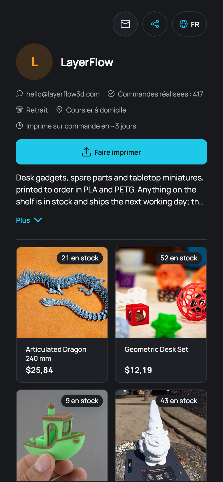 Une boutique LayerFlow3D sur un téléphone : le logo de la boutique et une grille de modèles imprimés avec prix et stock