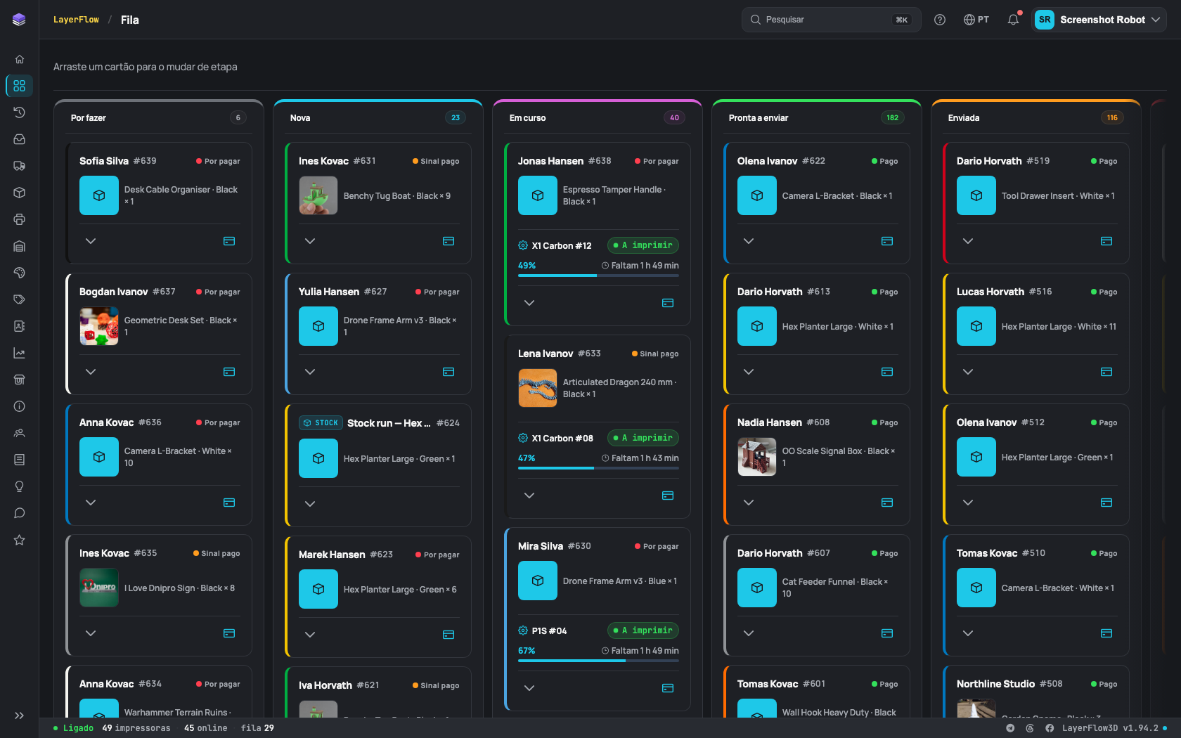 Quadro kanban de pedidos do LayerFlow3D com o status das impressões em tempo real