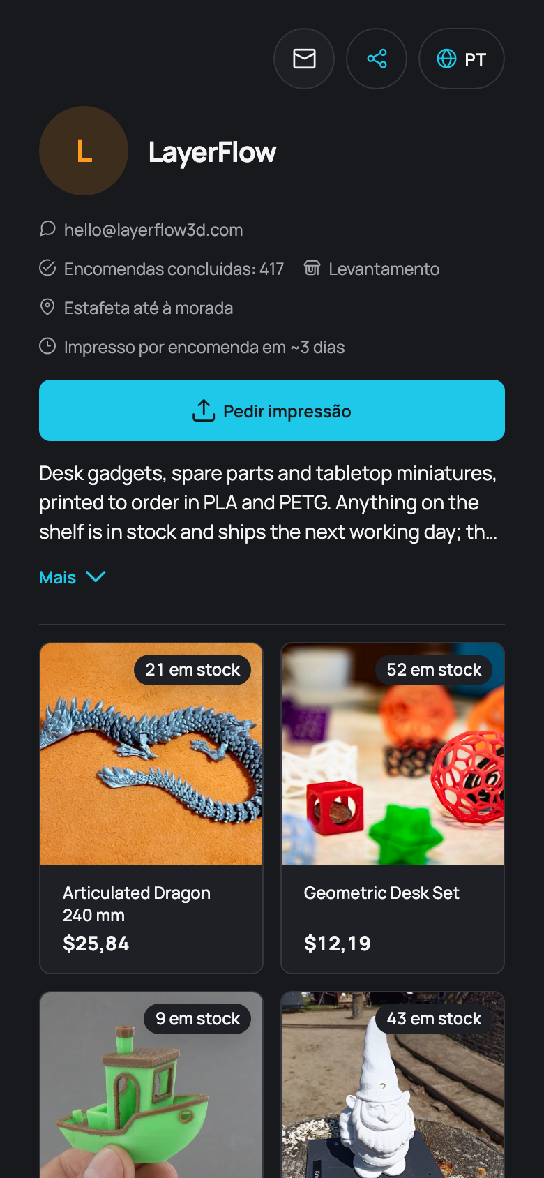 Uma loja LayerFlow3D em um celular: o logotipo da loja e uma grade de modelos impressos com preços e estoque