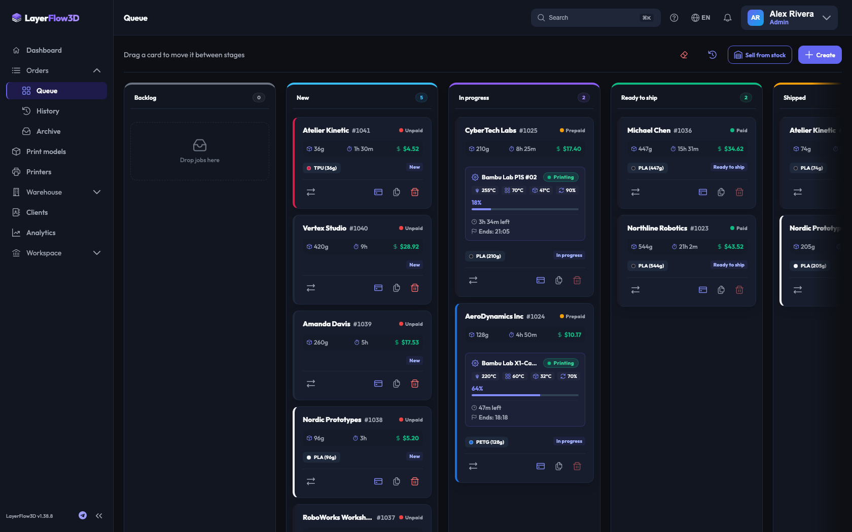 LayerFlow3D order management kanban board showing real-time print job status
