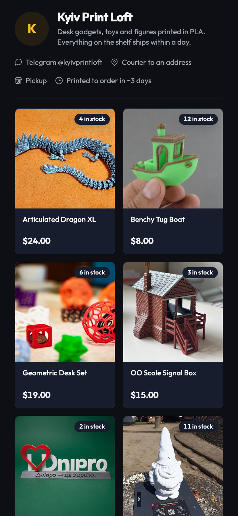 A LayerFlow3D storefront on a phone: the shop's logo, a grid of printed models with prices and shelf counts